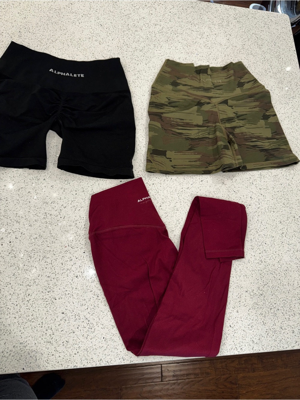 Alphalete lot Burgundy Leggings with Black amplify Shorts and Camo Shorts